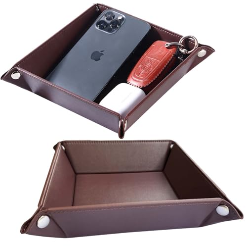 Valet Tray for Men Women 2 Pack - PU Leather Travel Catchall Tray Organizer - Desk Bedside Nightstand Storage Box for Jewelry Key Phone Remote Controller Wallet Watch Glasses Readers -Square - color: Dark Brown Square