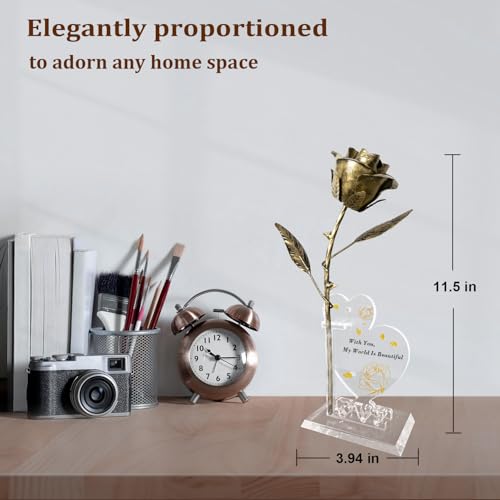 Handmade Bronze Rose - Bronze for Her (8th & 19th) - Dual Photo Stands Metal Art Sculpture - color: Bronze