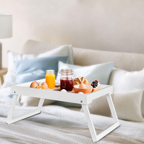 Bamboo Bed Tray Table with Folding Leg, Breakfast in Bed Tray for Eating,Kitchen Serving, Food, Sofa, Snacking or Working, Laptop Desk Dinner(1, White) - color: White