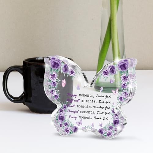 Every Moment Thank God" Butterfly Acrylic Sign - Purple Scripture Decor, 5-Layer Faith Reminder for Desk/Prayer Altar, Christian Gift for Women Inspirational 4.7 * 3.2 Inch - color: Purple 42