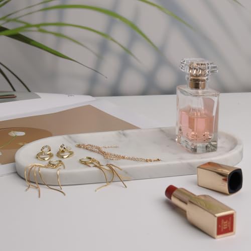 White Marble Vanity Tray for Bathroom Counter, 10"x5" Decorative Tray for Perfume, Candles, Stone Jewelry Dish Tray (White, 9.8X4.7) - color: White