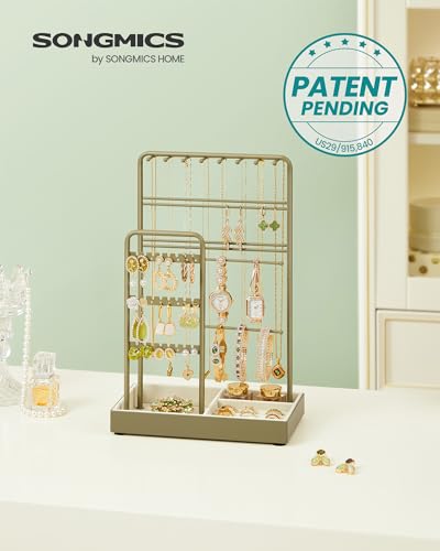 SONGMICS Jewelry Holder, Jewelry Organizer, Jewelry Display Stand with Metal Frame, Velvet Tray, Necklace Earring Bracelet Holder, for Studs, Rings, Gift Idea, Laurel Green UJJS021C02 - color: Laurel Green