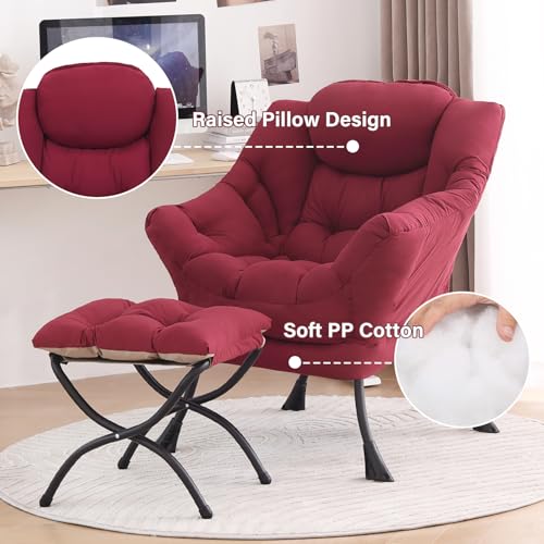 Tiita Lazy Chair with Ottoman, Red Modern Large Accent Chair, Comfy Leisure Sofa Armchair with Ottoman, Reading Chair with Footrest for Bedroom, Living Room, Dorm Rooms, Wine red - color: Burgundy
