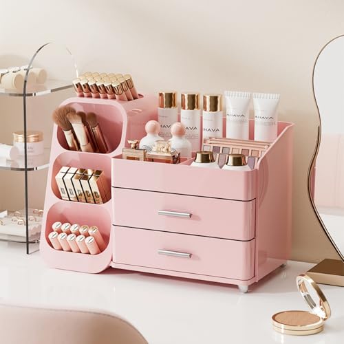 Booklov Makeup Organizer for Vanity, Large Capacity Cosmetic Display Case with Drawers, Countertop Beauty Storage Holder for Skincare, Brush Eyeliner Perfume Eyeshadow Lipsticks, Counter Desk, Pink - color: Pink, size: L01