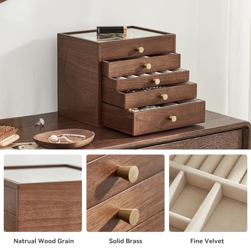 CHOSIN Black Walnut Wooden Jewelry Box Women large 5 Level Drawer Organizer Box with Glass Lid for Necklaces Watch Necklace Ring Earring Storage Gifts for Mom - style: 5 Layer