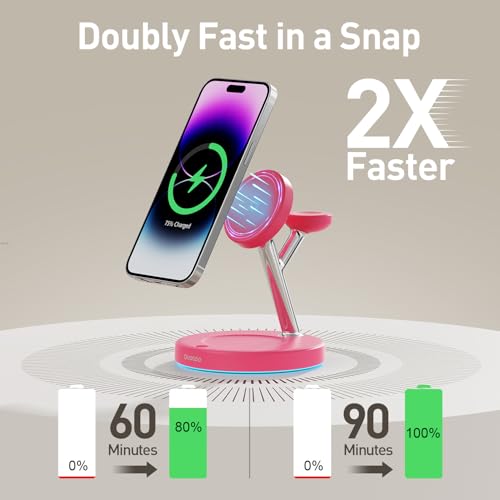 New 3 in 1 Charging Station for Apple Compatible with Magsafe Charger Stand for iPhone 17 16 15 14 13 12 Wireless Charging Station for AirPods Wireless Charger for iWatch Series - color: Rose Red