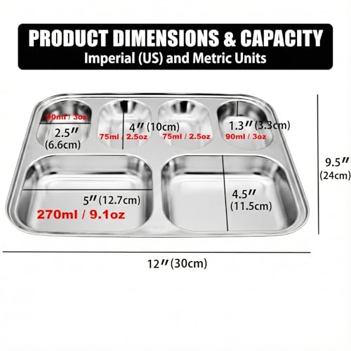 Korean Stainless Steel Divided Plates for Kids, Adults, Students, Premium 304, Electro-Polished, No Black Residue, BPA-Free, 6-Compartment Food Tray, Picky Eaters, Diet Portion Control, Set of 2 - size: 6 Compartments (12x9.5Inch)