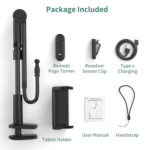 PlusAcc for Tablet Holder with Remote Page Turner – Gooseneck Stand for Reading in Bed, Hands-Free Desk Bedside Stand, Lazy Arm with Clicker Compatible with iPad, Tablets 4-11 Inches, Smartphones