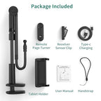PlusAcc for Tablet Holder with Remote Page Turner – Gooseneck Stand for Reading in Bed, Hands-Free Desk Bedside Stand, Lazy Arm with Clicker Compatible with iPad, Tablets 4-11 Inches, Smartphones