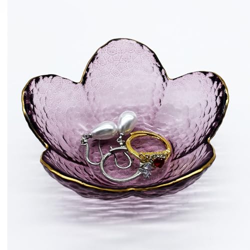 Purple Flower Ring Dish, Small Glass Jewelry Dish Tray, Ring Holder Jewlery Tray Trinket Dish, Bathroom Nightstand Decor Jewelry Bowl Christmas Friendship Birthday Gifts for Women, Soap Dish - color: Purple