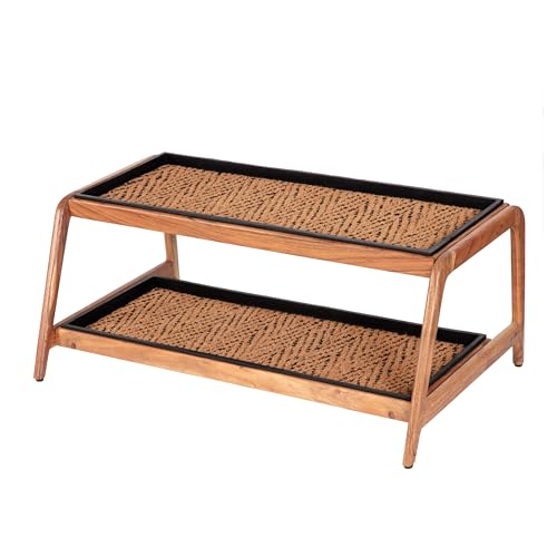 Anji Mountain Heavy Duty Waterproof Wooden Shoe Storage Mat Organizer/Boot Storage Tray Multi Use for Entryway with Coir, Tan and Black Insert, 2 Tier, Fits 6 Pair (36.5" Wide) - color: Tan and Black, size: 2 Tier, Fits 6 Pair