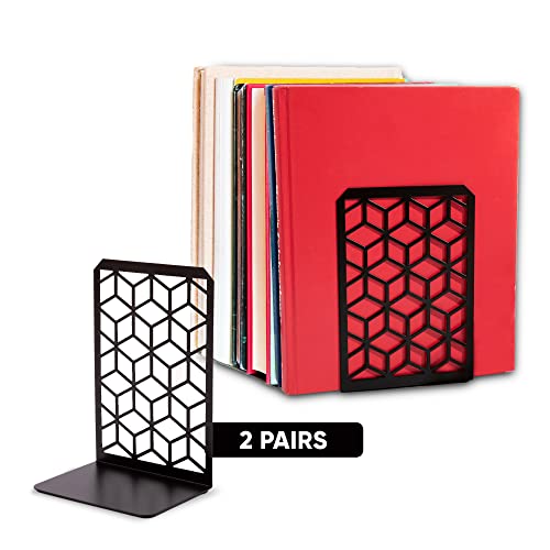 Geomod 3D Cube Black Metal Bookends Decorative for Heavy Books - Sturdy Boho Book Stops - Minimal Book Shelf Stopper - Durable Office Bookends - Weighted Metal Book Holders - 7x4.75 Inches - 2 Pair - color: Black, size: 2 Pairs, style: 3D Cube