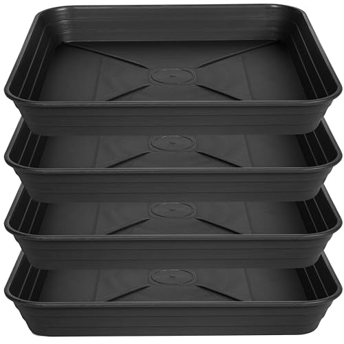 4 Pack Square Plant Saucer Tray 14 inch, Heavy Duty Plastic Plant Saucers for Indoors Outdoor, Flower Plant Drip Trays for Pots, Square Seed Starting Tray, Seedling Growing Trays - color: Black, size: 14"-4 Pack