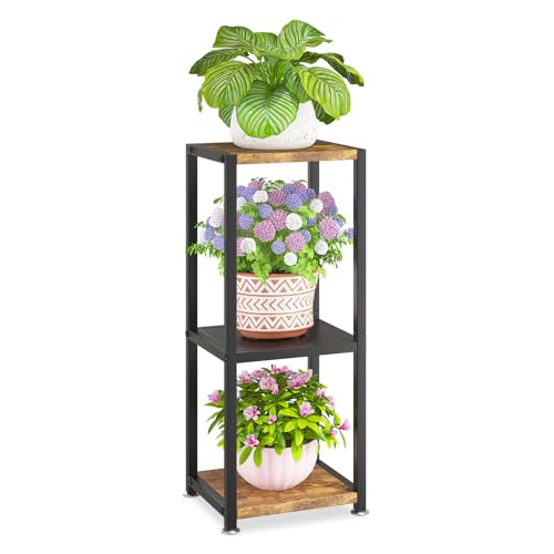 KMOTASUO 3 Tier Tall Plant Stands Indoor, 31 Inch Metal Wood Corner Plant Stand for Indoor Plants, Square Flower Pot Holder Shelf Display Rack for Balcony Garden Patio Living Room(Rustic Brown) - color: Vintage Brown, size: 3 Tier