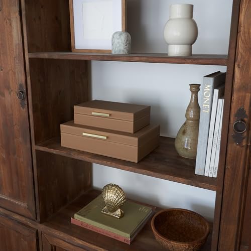 ZICOTO Decorative Storage Boxes with Lids – Set of 2 Beautiful PU Leather Organizer Bins for Your Bookshelf Home Decor - Safely Store Photos, Documents and Memory Box Keepsakes in Style - color: Brown