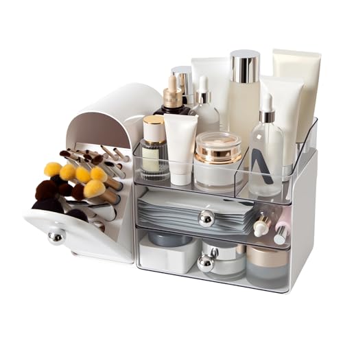 Makeup Organizer with Brush Holder for Vanity, Large Cosmetic Display Cases with 2 Drawers, Skincare Organizer for Bathroom Countertop, White - color: White