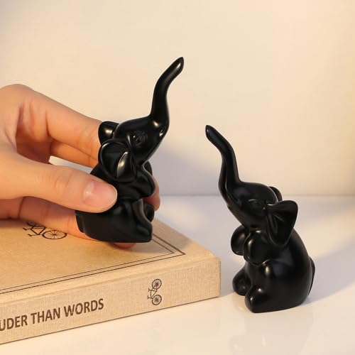 DUQGUHO Mini Black Elephant Gifts for Women, Modern Style Small Animal Statue, 2PCS Elephant Decor for Desk Shelves 3.5Inch - color: Black