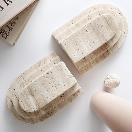 BUICCE Modern Book Ends for Shelves Nature Marble Decorative Bookends Heavy Duty Bookshelf Holder for Office Desk Decoration (Beige)