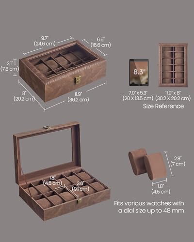 SONGMICS Watch Box, 12-Slot Watch Case Organizer with Large Glass Lid, Removable Pillows, Gift for Loved Ones, Coffee Brown Synthetic Leather, Coffee Brown Lining UJWB120KQ01S - color: Brown + Brown, size: 12 Slot