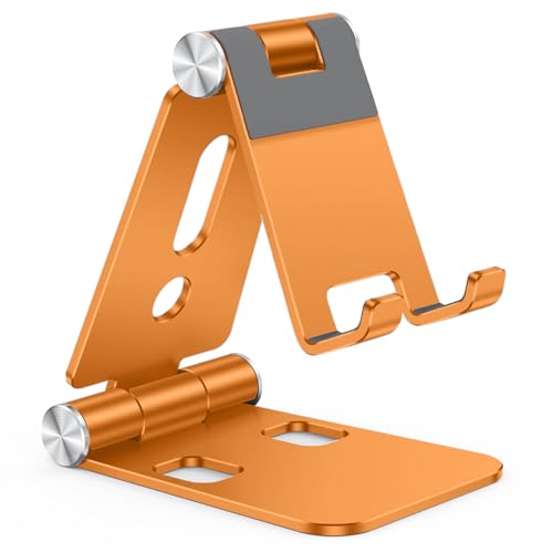 OMOTON Foldable Cell Phone Stand, C4 Portable Aluminum Phone Holder, Adjustable Phone Dock Cradle Compatible with iPhone 17/16/15 Pro Max Air, Samsung Galaxy, Small Tablets, Smart Phones, Orange - color: Orange