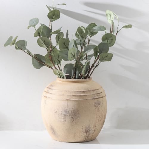 Ceramic Flower Vase, 8.66 inch Tall Round Rustic Farmhouse Decorative Vase for Home Decor, Living Room Entryway Table Centerpiece Decor - color: 101-8.6in