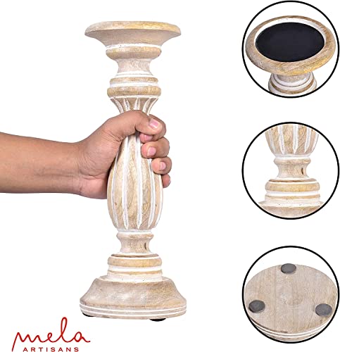 Mela Artisans Whitewashed Hand Carved Wooden Pillar Candle Holders - Set of 3 | Hana Decorative Style | Crafted from Mango Wood | Rustic Table Centerpiece Decor | Sized 6", 9" and 12" - color: Whitewash 2
