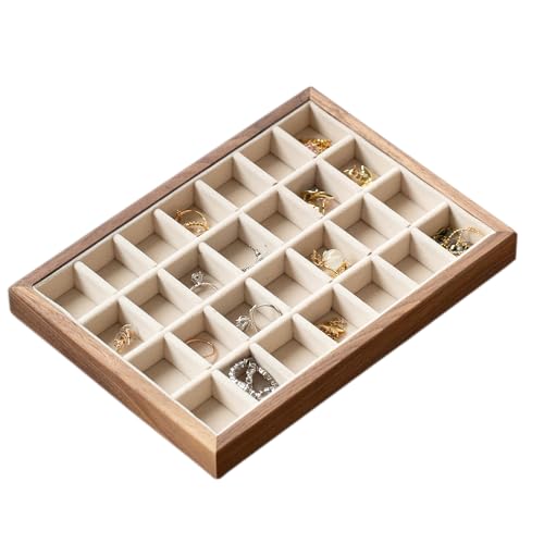 28-Grid Black Walnut Wooden Jewelry Tray with Velvet Lining, Premium Jewelry Display Tray for Earrings and Rings, Drawer Organizer Display Tray for Women's Jewelry Collection - color: 28 grid