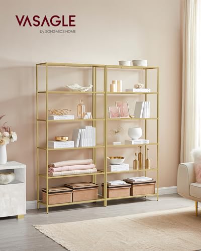 VASAGLE Bookcase, 6-Tier Bookshelf, Slim Shelving Unit for Bedroom, Bathroom, Home Office, Tempered Glass, Steel Frame, Metallic Gold ULGT503A01 - color: Metallic Gold, size: 6 Tiers (31.5"W x 69.8"H)