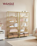 VASAGLE Bookcase, 6-Tier Bookshelf, Slim Shelving Unit for Bedroom, Bathroom, Home Office, Tempered Glass, Steel Frame, Metallic Gold ULGT503A01 - color: Metallic Gold, size: 6 Tiers (31.5"W x 69.8"H)