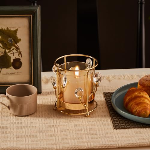 Hurricane Candle Holder, Gold Pillar with Crystal Accents & Windproof Glass Lid - Elegant Centerpiece for Weddings, Dinners, Party Decor - size: Large