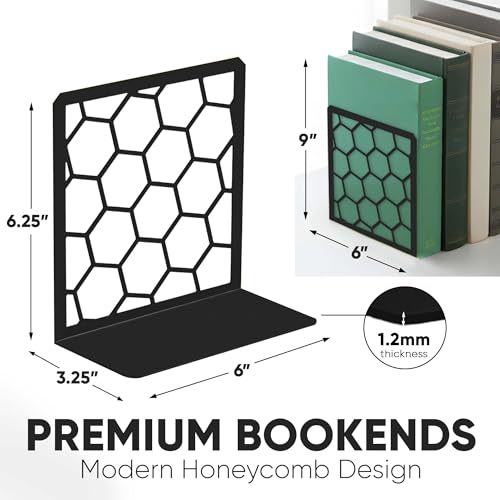 GEOMOD Geometric Honeycomb Black Metal Bookends Decorative - Tall Sturdy Book Ends for Shelves - Modern Heavy Duty Bookend Stopper - Office or Home Book Shelf Book Holder - 6x3.25x6.25 Inches - 1 Pair - color: Black, size: 1 Pair, style: Honeycomb