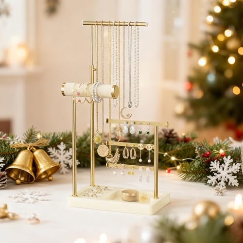 SZQINJI 5 Tier Jewelry Holder Organizer, Gold Jewelry Stand with Velvet Bracelet Holder, Adjustable Height Jewelry Display for Necklaces, Bracelets, Earrings, Rings, Gift Idea for Women, Beige - color: Beige