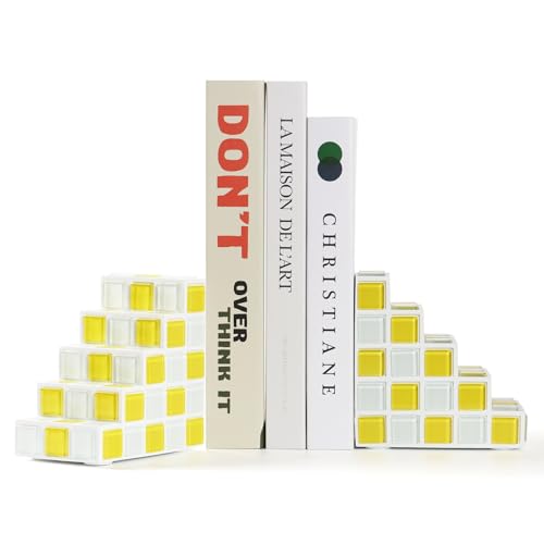 Decorative Bookends for Shelves - Stair Book Ends for Heavy Books - Unique Book Stopper & Holder for Shelves - Modern Home Decor Aesthetic Bookshelf Decor (Yellow & White) - color: Yellow & White