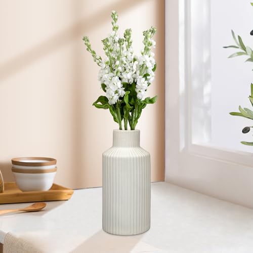 White Ceramic Vase for Flowers - 7.9 Inch Matte Ribbed Modern Vase, Weighted 1.4lb Base & Waterproof Pottery for Pampas Grass, Minimalist Farmhouse Decor for Table Centerpiece Bookshelf
