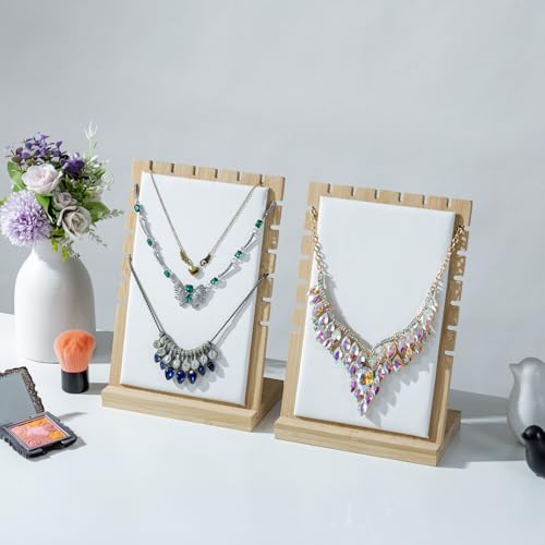 MyGift necklace display standMyGift 2-Pack Bamboo Jewelry Display Stands with PU Panel & Multi-Rung Design – Detachable Bases, Non-Scratch Surface jewelry display for vendors, - color: White