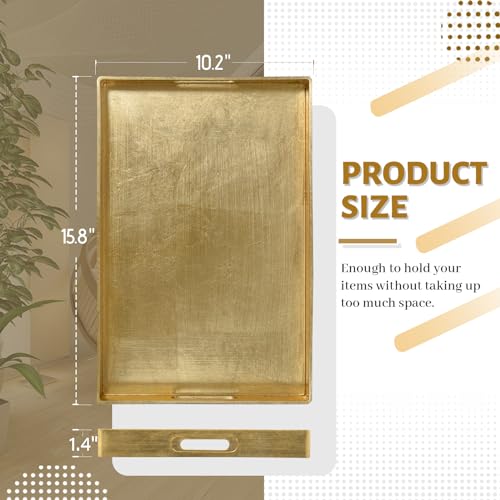 MAONAME Modern Gold Decorative Tray with Handles, Gold Leaf Serving Tray for Coffee Table, Rectangle Bathroom Decor Trays, 15.8" L x 10.2" W x 1.4" H - size: 15.8" x 10.2" x 1.4"