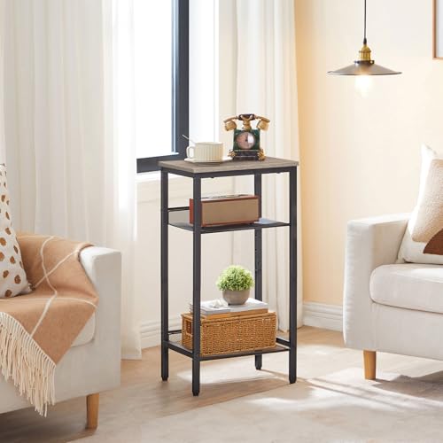 HOOBRO Tall Side Table, 3-Tier Telephone End Table with Adjustable Mesh Shelves, Small Entryway Table with Storage, Small Nightstand for Living Room, Bedroom, Hallway, Office, Greige BG01DH01G1 - color: Greige + Black