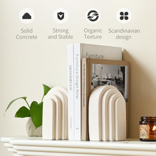 Decorative Bookends for Shelves, Set of 2 Book Ends for Heavy Books, Layered Arch Design Beige Bookend - color: Beige