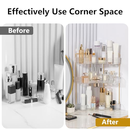YCIA&DONE Corner Bathroom Counter Organizer, Makeup Organizer for Vanity, Skincare Cosmetic Perfume Tray, Corner Countertop Shelf Rack Storage for Bathroom Kitchen 3 Tiers (Clear White) - color: White, size: 3-Tier