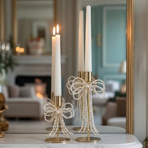 Yungyan Gold & Pearl Bow Candle Holders Set of 2 Metal Taper Candle Stands Vintage Modern Decorative Candlesticks Holders for Dining Table, Wedding, Fireplace, Holiday & Christmas Decor