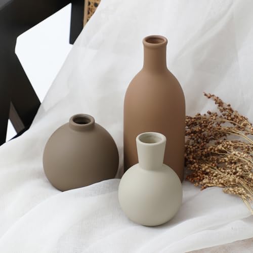 Ceramic Vase Set of 3, Vases Home Decor Rustic Farmhouse Decorative Vase Pottery Vases for Bouquet Pampas Grass Dried Fresh Flowers, Table Living Room Kitchen Bedroom Bathroom - Brown - color: Brown