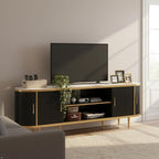 EROMMY 70" Fluted TV Stand, TV Entertainment Center with Storage for TVs Up to 80", Modern TV Console with Faux Marble Top, Curved Design, Tambour Sliding Doors (Black) - color: Black