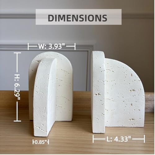Concrete Bookends Decorative for Heavy Books - Travertine-Inspired Texture, Non-Slip Base, Soft Beige Decorative Bookends for Shelves, Minimalist Home Office Decor
