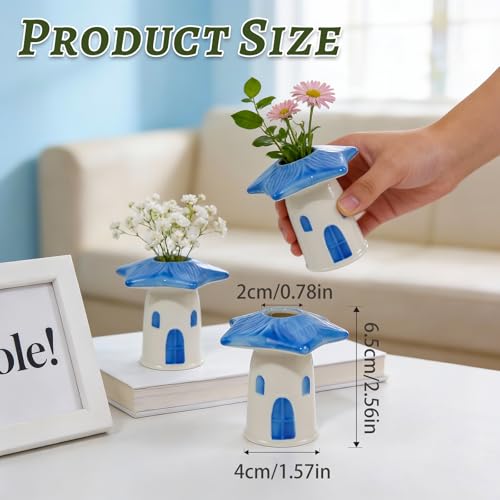 MOUGIGI Cute Blue House Ceramic Bud Vase Set of 3 - Handmade Miniature Vase with Star Roof for Dried Flowers, Chic Japandi Style Decor for Entryway, Dining,Coffee Table - Ideal Small Gift for Home - color: 3 Pcs Birdhouse Bud Vase