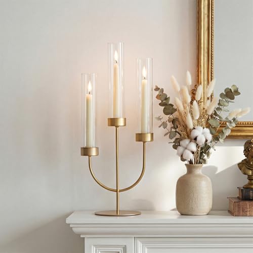 Sziqiqi Candelabra Gold Candlestick Holders: 3 Arm Candelabra Centerpiece with Glass Hurricane for Dining Table Fireplace - Modern Candle Holders for Wedding Christmas - color: Gold