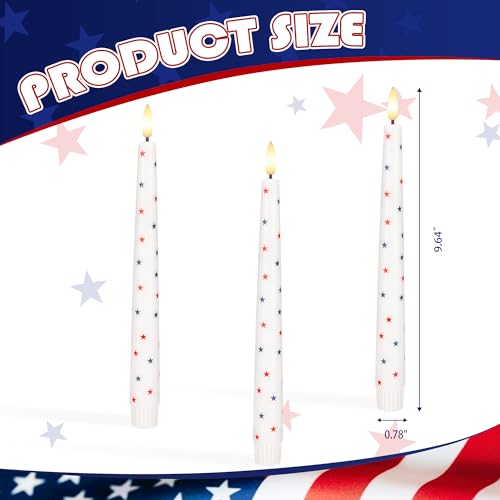 4th of July Candles, Flameless Taper Candles with Remote, 9.6" Red White and Blue Star Candles, Real Wax Flickering Independence Flameless Candles, Patriotic Candles, Battery Candles, Set of 3 - color: Patriotic White