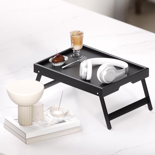Fibogollo 2 Pack Bamboo Bed Tray Table with Folding Legs,Breakfast Trays,Serving Tray for Food and Snack,Laptop Trays for Working(Black) - color: Black, size: 2 PC