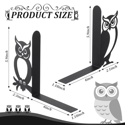 Geelin Owl Bookends for Shelves Decorative Metal Book Ends Set of 2 Styles Vintage Style Black Owl Design Heavy Duty Non-Slip Book Holders for Home Library Office Decor Gift for Reading Lovers - style: Owls