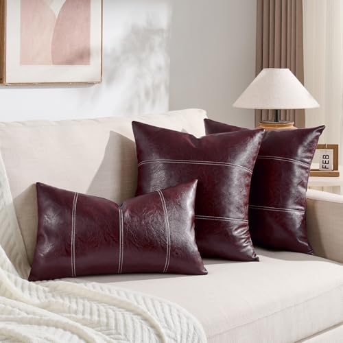Fancy Homi 2 Packs Burgundy Lumbar Faux Leather Decorative Throw Pillow Covers 12x20 Inch for Outdoor Couch Bed, Modern Farmhouse Boho Home Decor, Wine Red Hand Stitched Cushion Case 30x50 cm - color: Burgundy, size: 20" x 12" (Pack of 2)