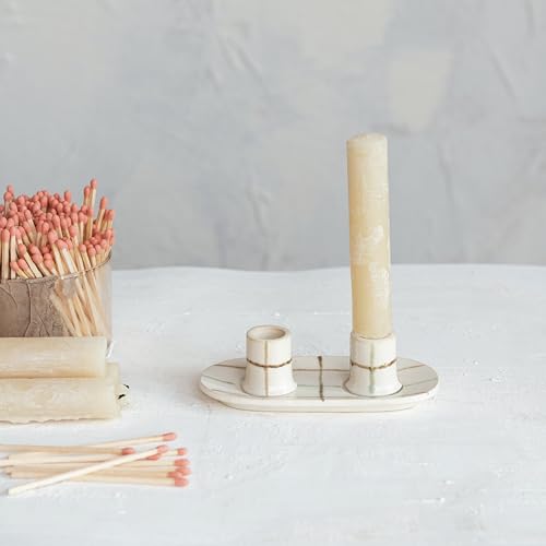 Creative Co-Op Checkered Charm Stoneware Taper Holders, Multicolor - style: Taper Holder